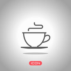 Simple cup of coffee or tea. Linear icon, thin outline. Icon under spotlight. Gray background