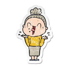 distressed sticker of a cartoon happy old woman