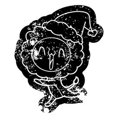 happy cartoon distressed icon of a lion wearing santa hat
