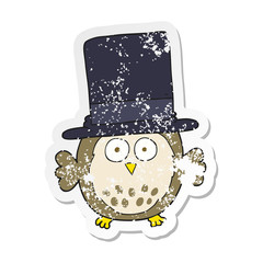 retro distressed sticker of a cartoon owl wearing top hat