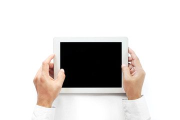 The businessman's hand uses a tablet. Isolated on a blank white background ,top view