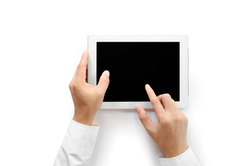 The businessman's hand uses a tablet. Isolated on a blank white background ,top view
