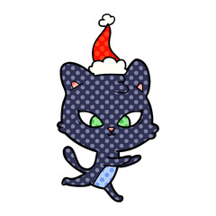 cute comic book style illustration of a cat wearing santa hat