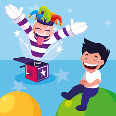 happy boy with joker hat and surprise box april fools day card