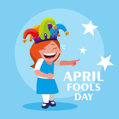 happy girl with joker hat april fools day card