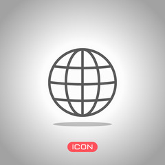 Simple globe icon. Linear, thin outline. Icon under spotlight. Gray background