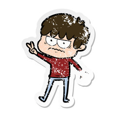 distressed sticker of a annoyed cartoon boy