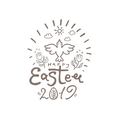 Happy Easter 2019. Vector template with lettering and Spring bird. Line art graphics pattern.