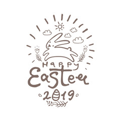 Happy Easter 2019. Vector template with lettering and Easter bunny jumping. Line art graphics pattern.