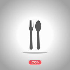 Fork and spoon, icon. Kitchen tools. Icon under spotlight. Gray background