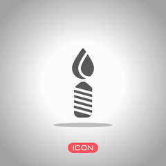 Burning candle icon. Sign of christmas or birthday. Icon under spotlight. Gray background
