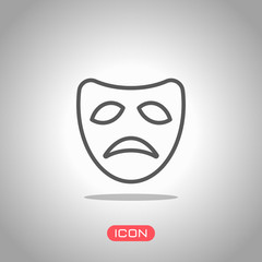 Sad mask of theatre, face with tragedy emotion, sign of drama. Linear outline icon. Icon under spotlight. Gray background