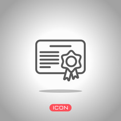 Document of certificate with award, linear outline icon. Icon under spotlight. Gray background