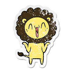 distressed sticker of a happy cartoon lion