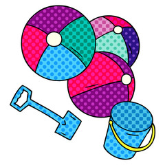 cartoon doodle beach balls with a bucket and spade