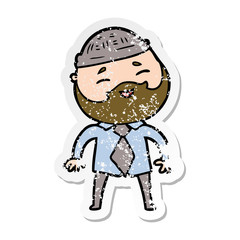 distressed sticker of a cartoon happy bearded man