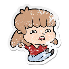 distressed sticker of a cartoon worried woman
