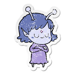 distressed sticker of a cartoon alien girl