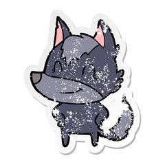 distressed sticker of a friendly cartoon wolf