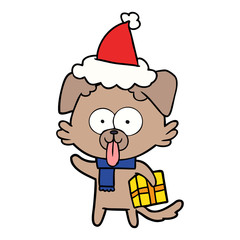line drawing of a dog with christmas present wearing santa hat