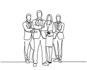 continuous line drawing of business team standing with crossed arms. Isolated over white background. Vector