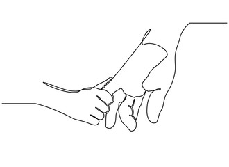 Continuous line drawing. the parent holds the hand of a small child. Display of small children holding adult finger.