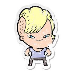 distressed sticker of a cute cartoon girl with hipster haircut