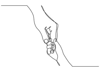 Continuous line drawing. the parent holds the hand of a small child. Display of small children holding adult finger.