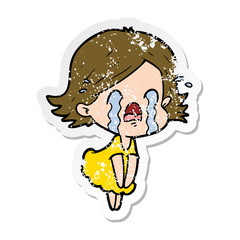 distressed sticker of a cartoon woman crying