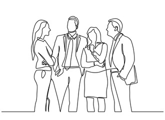 Continuous line drawing of office workers standing at business meetings. Group of business people chatting after the meeting. Vector