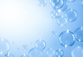 Abstract Beautiful Transparent Blue Soap Bubbles with A White Space. Soap Sud Bubbles Water