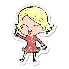 distressed sticker of a happy cartoon girl