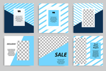 Editable square Memphis geometric banner template. Minimalist design background in dark and light blue color. Vector illustration. Suitable for social media post and cover, web internet, brochure.