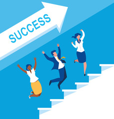 successful business people celebrating in stairs up