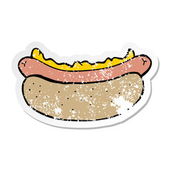 distressed sticker of a cartoon hotdog