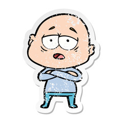distressed sticker of a cartoon tired bald man