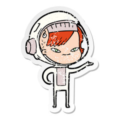 distressed sticker of a cartoon astronaut woman