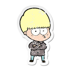 distressed sticker of a annoyed cartoon boy