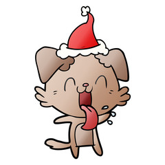 gradient cartoon of a panting dog wearing santa hat