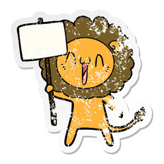 distressed sticker of a happy cartoon lion