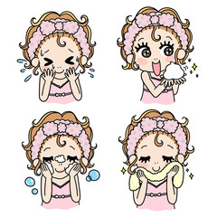 洗顔する女性のイラストセット