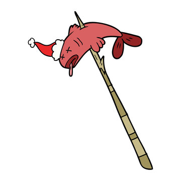 recommend clip art: line drawing of a fish speared wearing santa hat