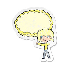 retro distressed sticker of a cartoon woman with text cloud space