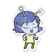 distressed sticker of a cute alien girl cartoon