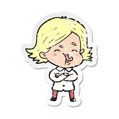 distressed sticker of a cartoon girl pulling face