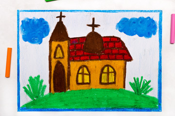 Colorful drawing: A small church with a tower on the hill