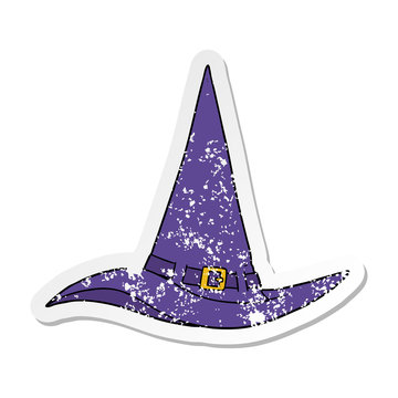 distressed sticker of a cartoon witch hat