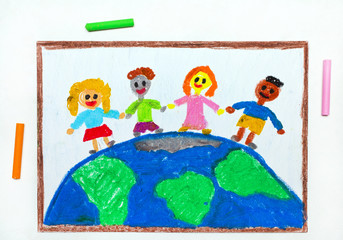 Colorful drawing: International children of the world. Children standing on planet earth