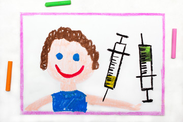Colorful drawing: Child vaccination. Smiling boy and syringe. Protective vaccination