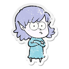 distressed sticker of a cartoon elf girl staring
